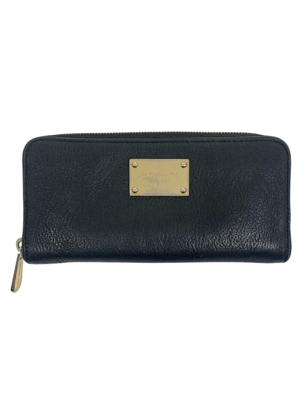 Michael Kors Black Leather Zip-Around Wallet With Gold Logo Plate
